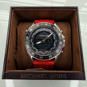 NWT Michael Kors JetMaster Red Strap Silver Buckle Watch MK8402